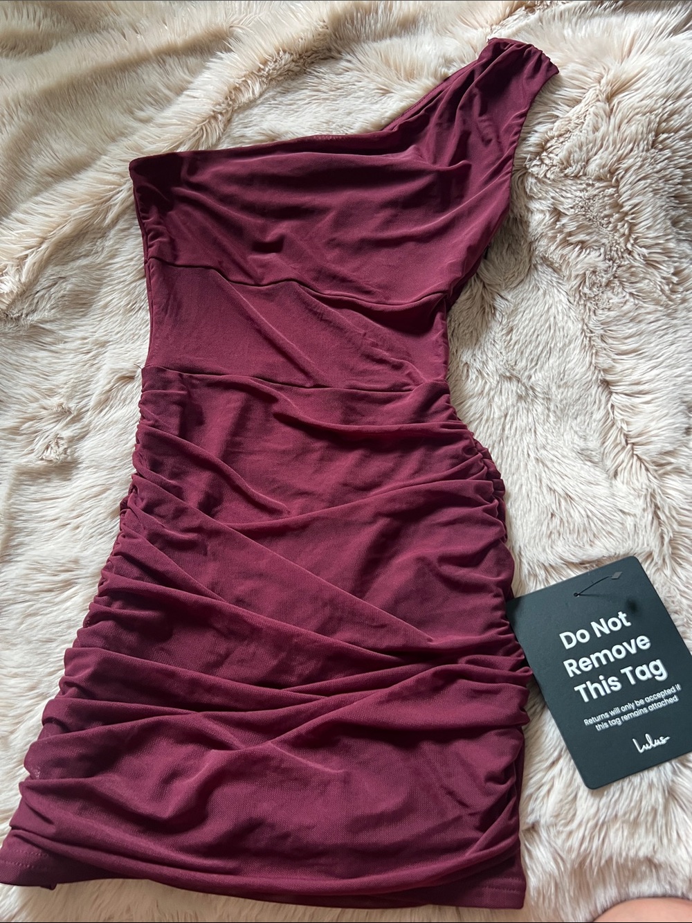 Lulu's One-Shoulder Ruched Mesh Dress in Burgundy Wine Size XS New with Tags